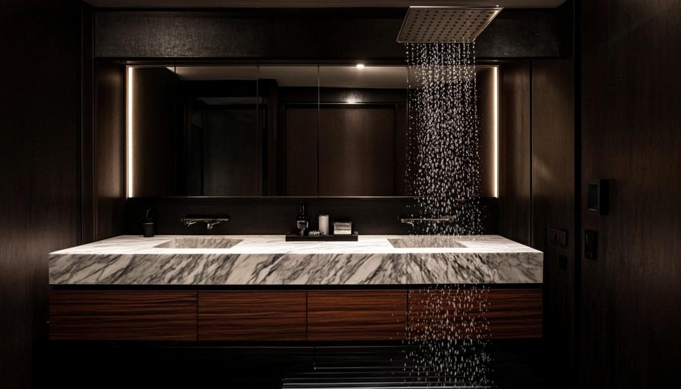 Banheiro premium com bancada em madeira escura e acabamentos em mármore