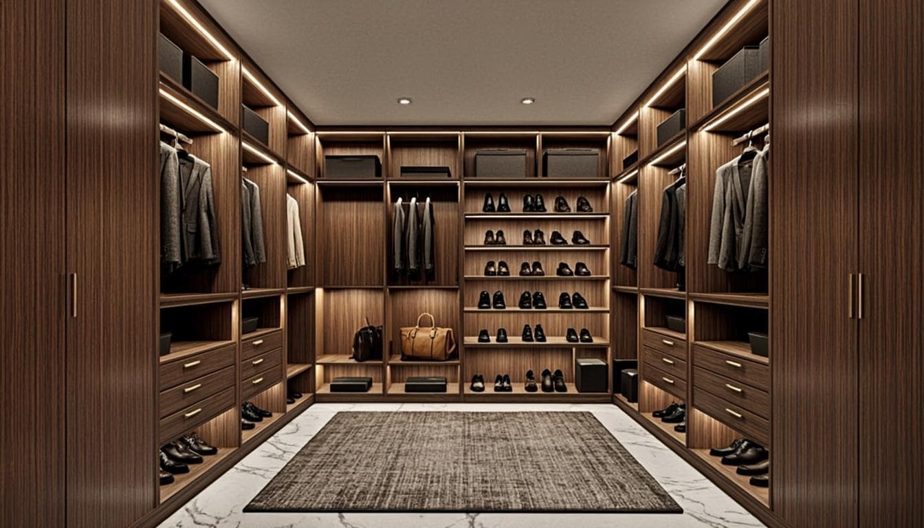 Closet planejado com iluminação LED e prateleiras em nogueira