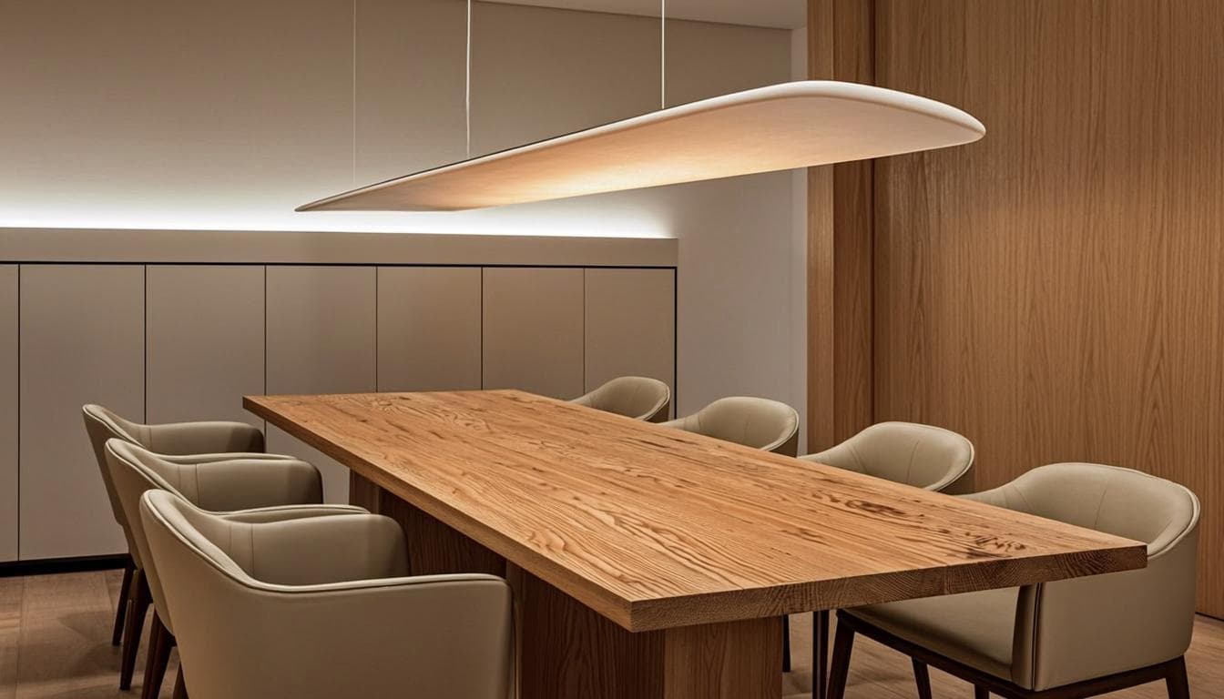 Sala de jantar com mesa em madeira maciça e iluminação sofisticada