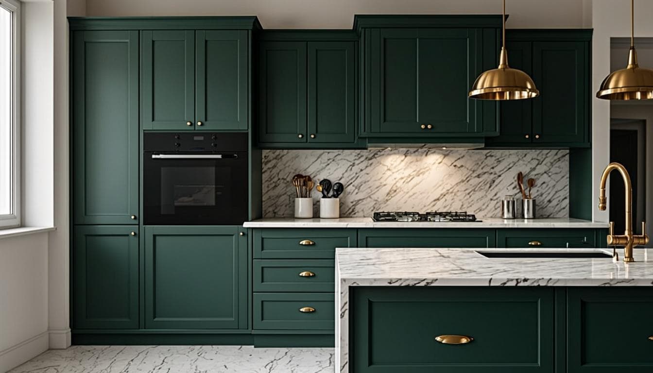 Co gourmet com armários em verde escuro e bancada de mármore branco