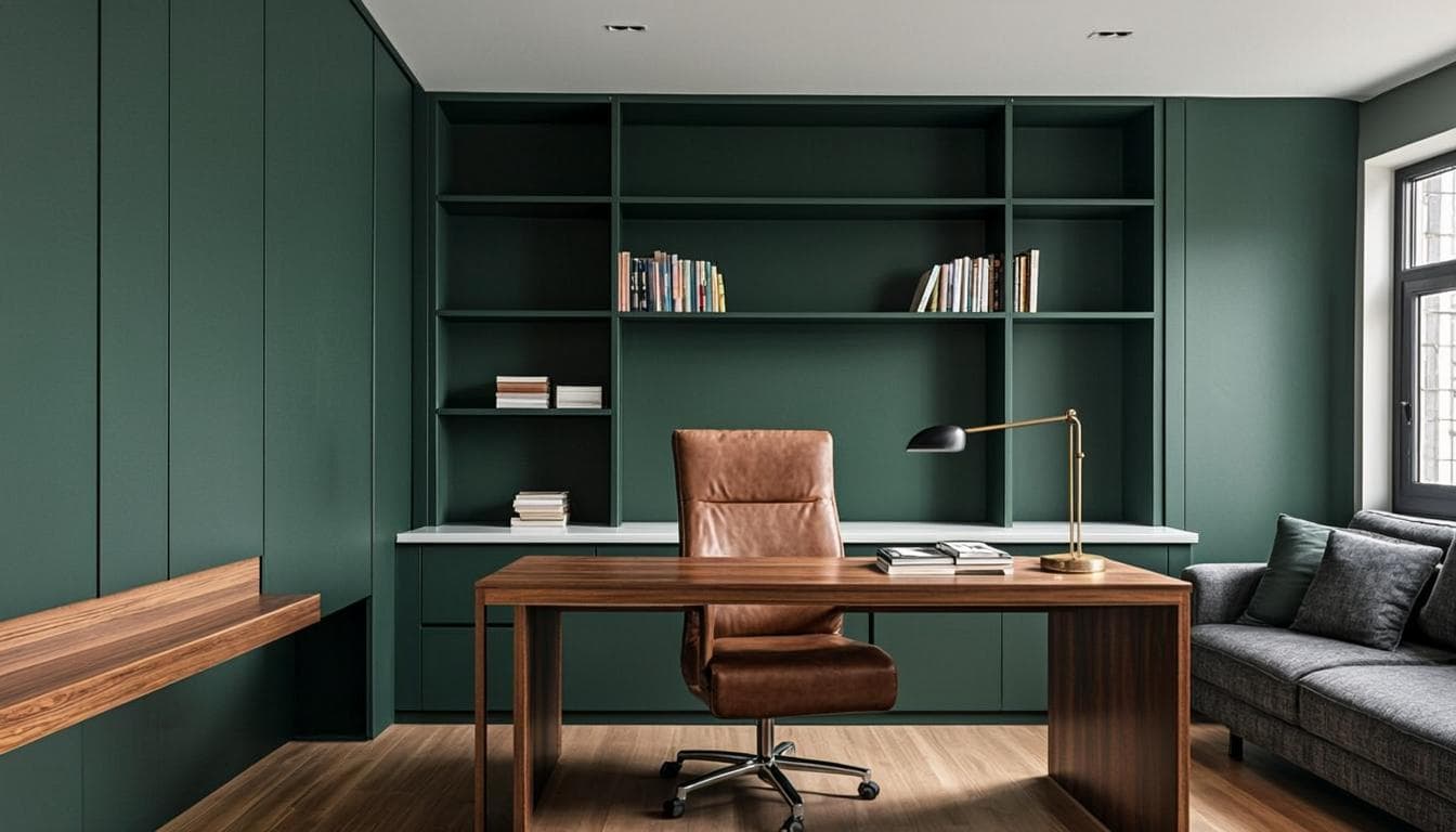 Home office sofisticado com estante planejada e parede em verde escuro